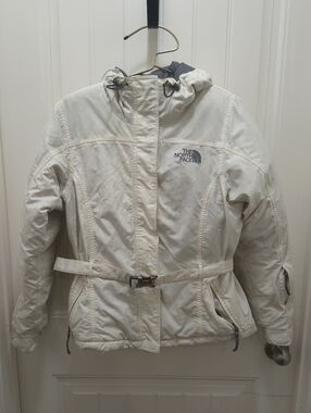 The North Face 550 Fill Down Belted Waist Hooded Puffer Jacket Cream Small